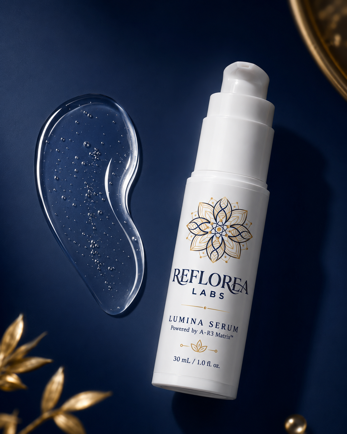 Clear Lumina Serum texture beside the white airless pump bottle on navy