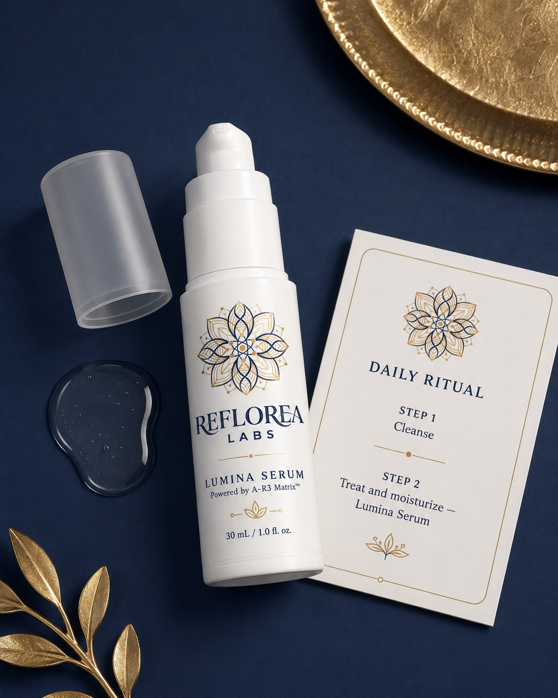 Lumina Serum daily ritual flat lay on navy with the two-step routine card