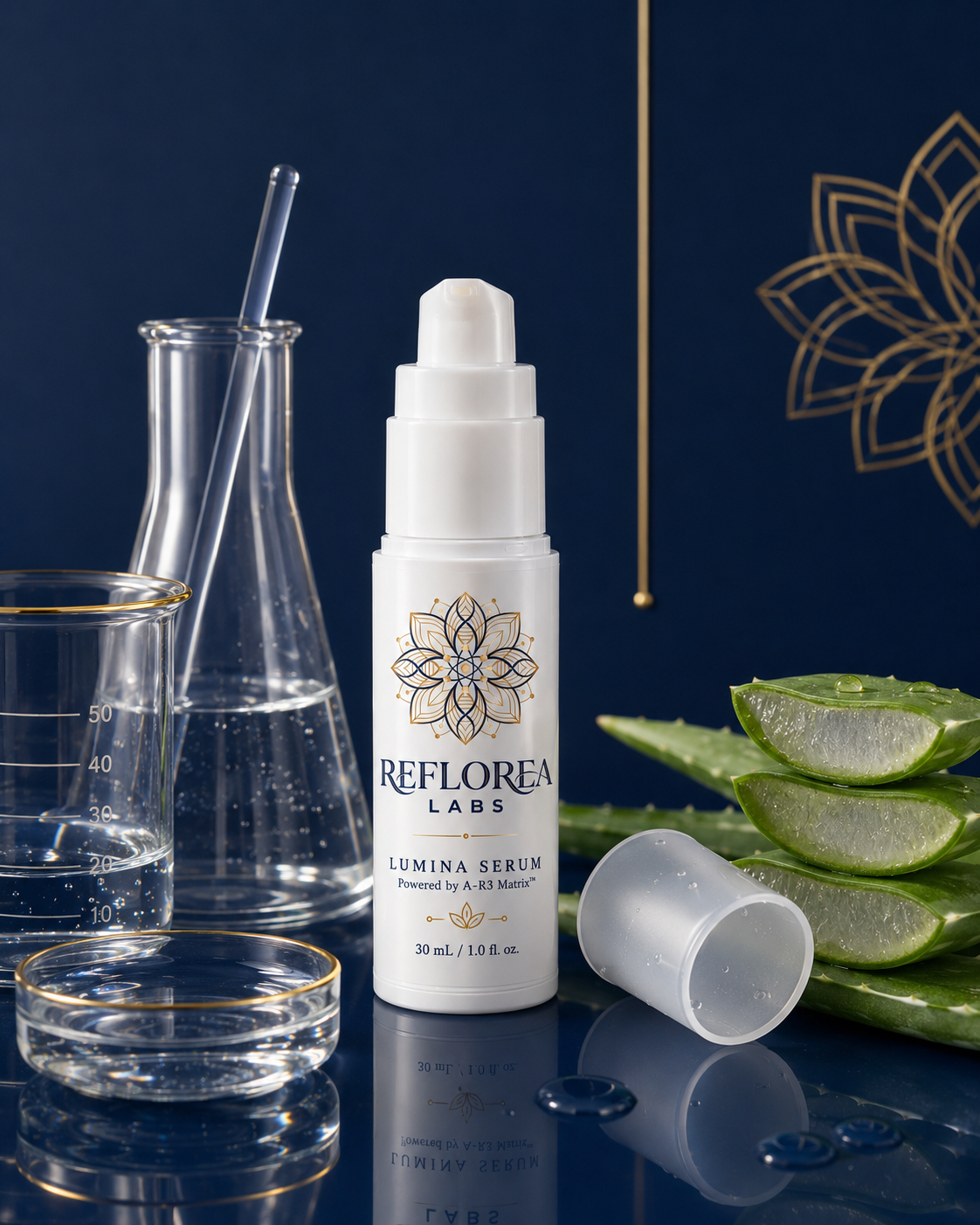 Lumina Serum with aloe and laboratory glassware on a navy background