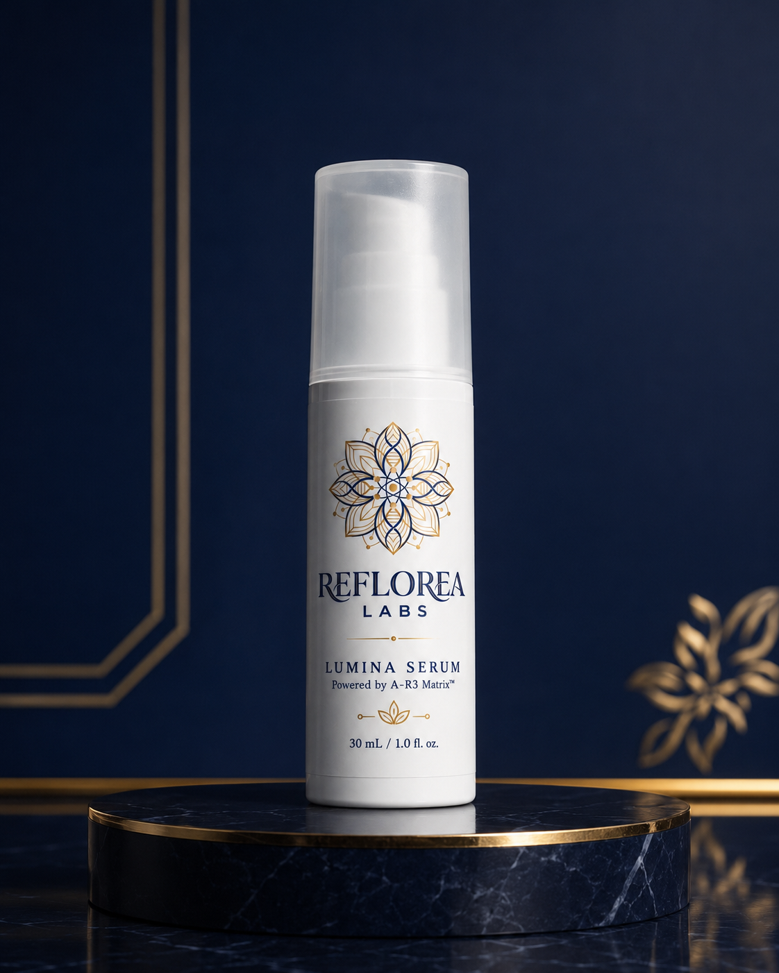 Lumina Serum white airless pump bottle on a navy and gold marble pedestal