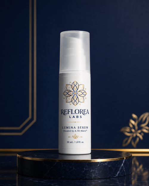 Lumina Serum white airless pump bottle on a navy and gold marble pedestal