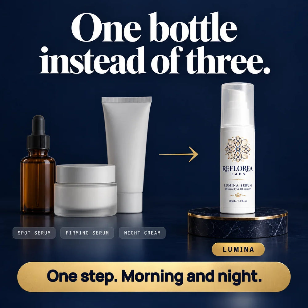 One bottle instead of three: a spot serum, a firming serum and a night cream, replaced by Lumina