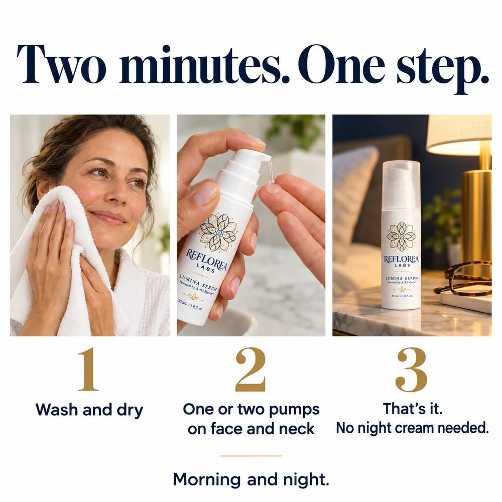 Two minutes, one step: wash and dry, one or two pumps on face and neck, no night cream needed. Morning and night.