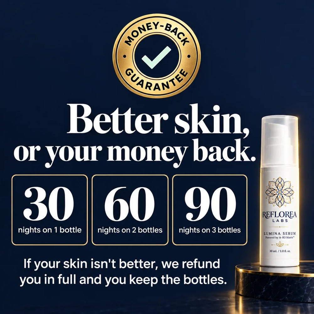 Better skin, or your money back: 30 nights on 1 bottle, 60 on 2, 90 on 3. You keep the bottles.