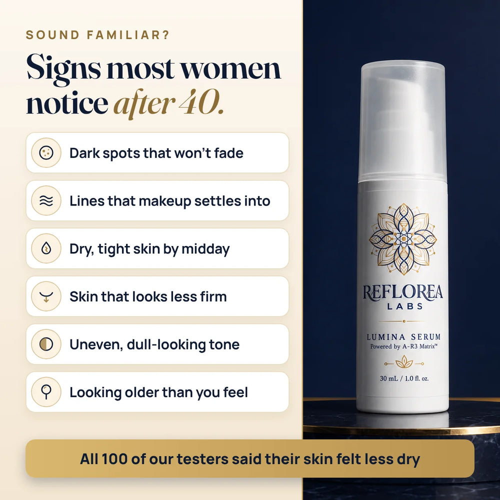 Signs most women notice after 40: dark spots that won’t fade, lines that makeup settles into, dry, tight skin by midday, skin that looks less firm, uneven, dull-looking tone, and looking older than you feel. All 100 of our testers said their skin felt less dry.