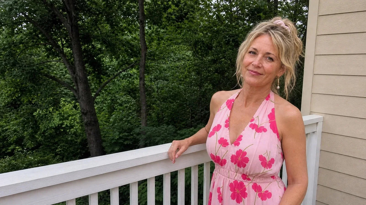 A woman in her fifties smiling on her porch