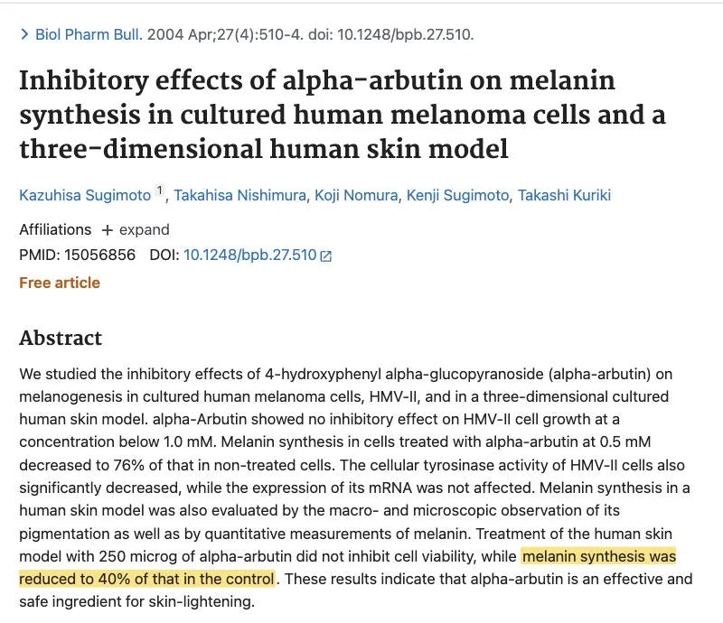 PubMed page: Inhibitory effects of alpha-arbutin on melanin synthesis in cultured human melanoma cells and a three-dimensional human skin model. Biological and Pharmaceutical Bulletin, 2004. Highlighted: melanin synthesis was reduced to 40% of that in the control.