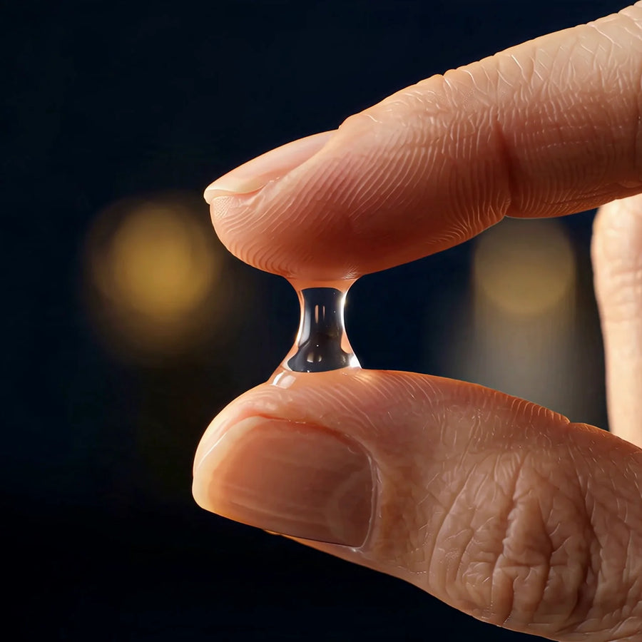 A drop of Lumina, a clear water-light gel, between two fingertips