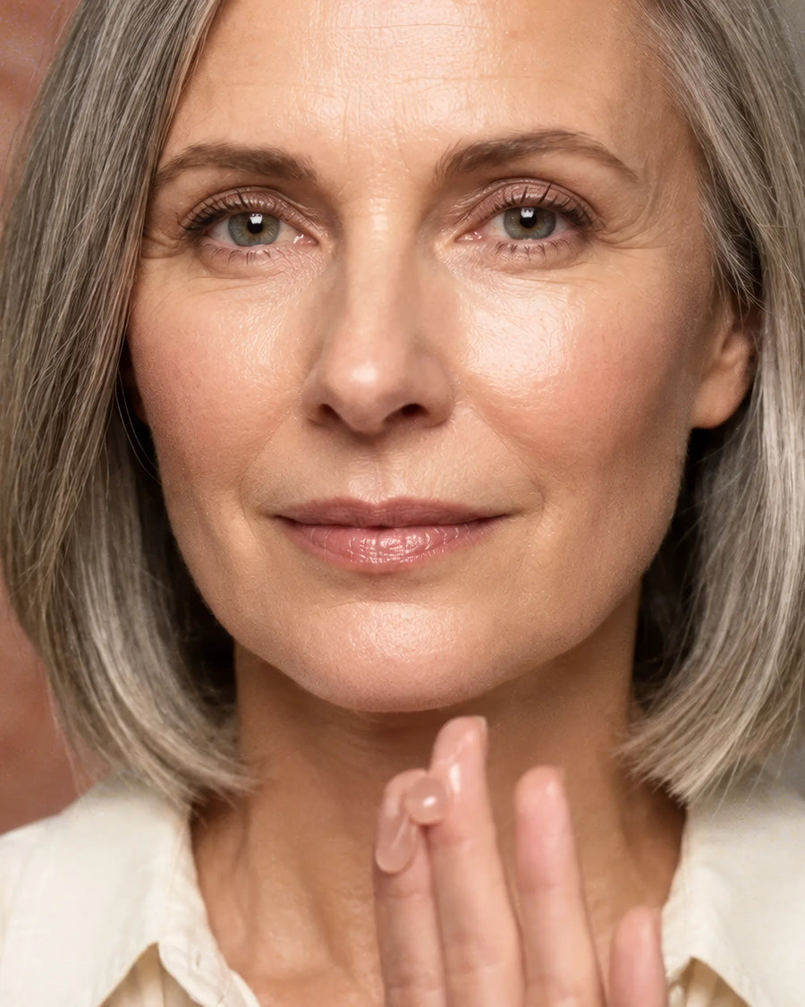 A woman over 40 smiling softly, her fingertips at her chin