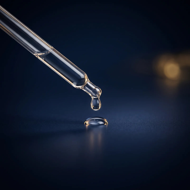 A clear peptide serum drop on dark glass