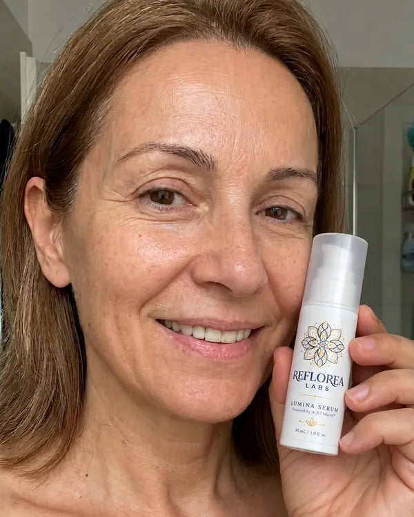 A woman over 40 holding a bottle of Lumina Serum