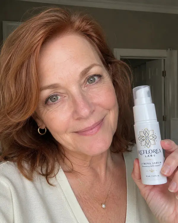 A woman over 40 holding a bottle of Lumina Serum