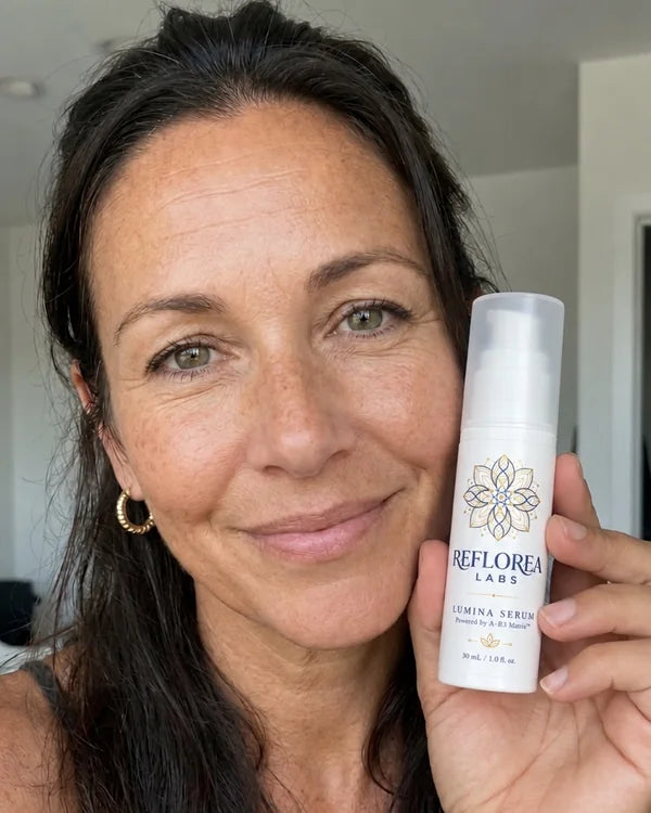 A woman over 40 holding a bottle of Lumina Serum
