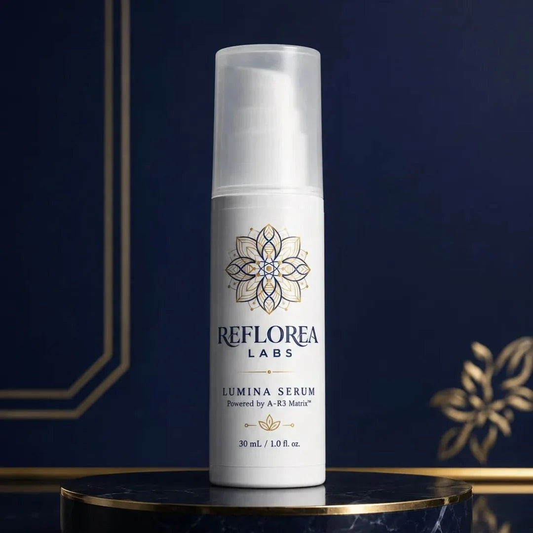 The Lumina Serum bottle, 30 mL, 1.0 fl. oz. The label says Reflorea Labs, Lumina Serum, Powered by A-R3 Matrix. The bottle stands on a dark marble pedestal against a navy wall with gold lines.