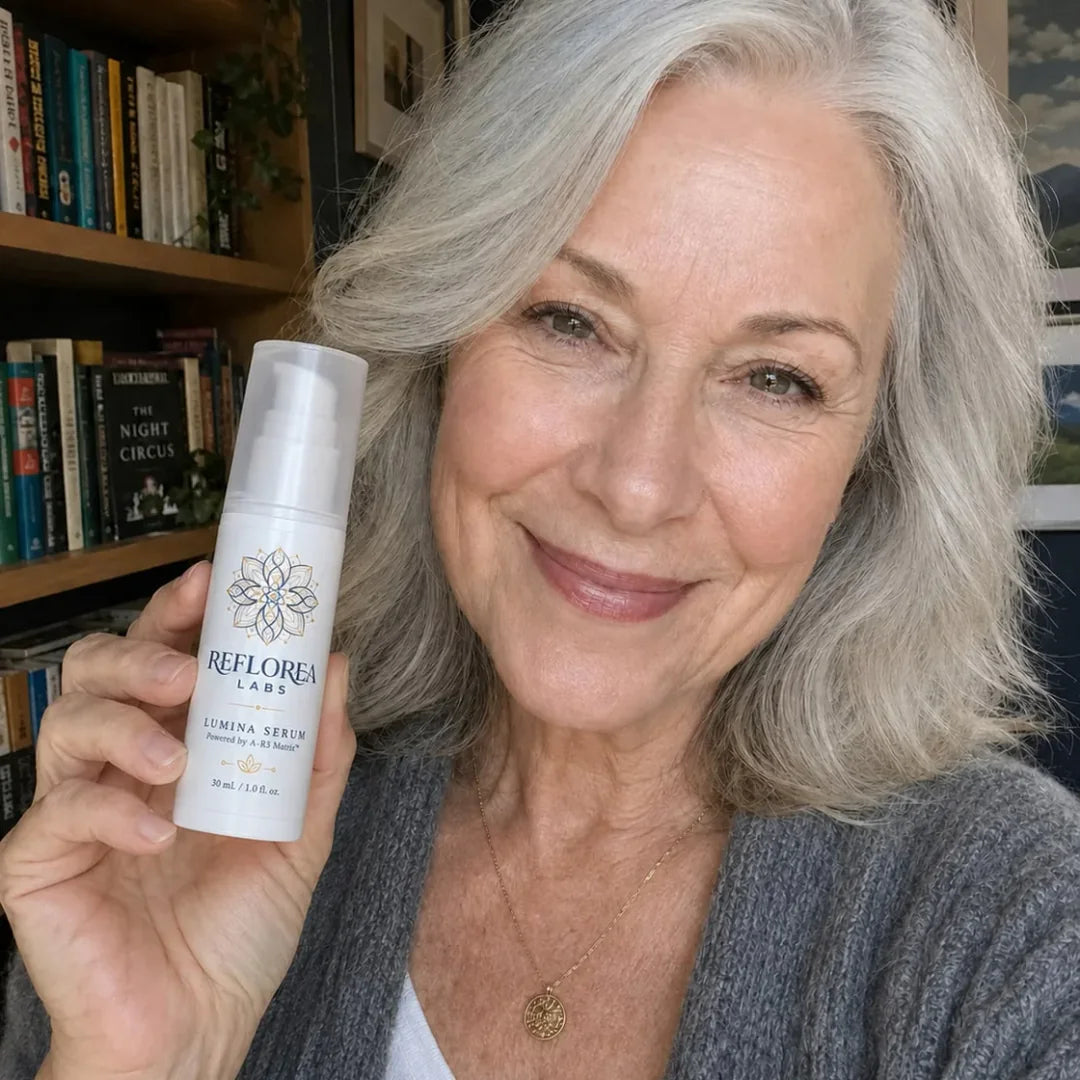A woman with silver hair smiles and holds the Lumina Serum bottle up beside her face