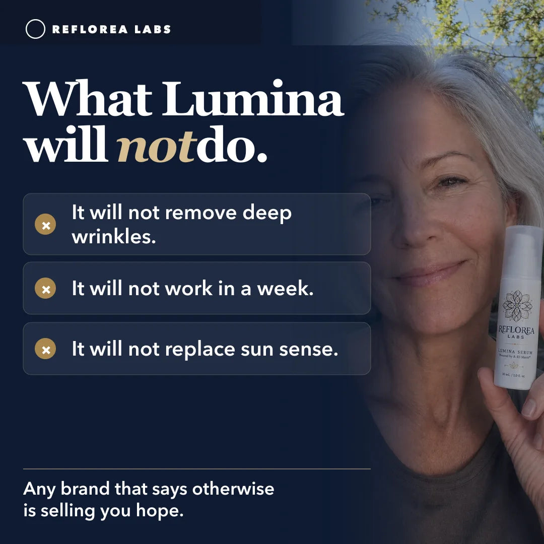 Card: What Lumina will not do. It will not remove deep wrinkles. It will not work in a week. It will not replace sun sense. Any brand that says otherwise is selling you hope.