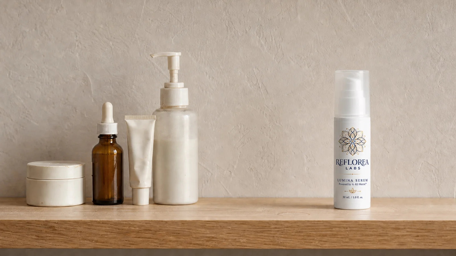 One Lumina bottle standing apart from a group of old jars and bottles on a wooden shelf