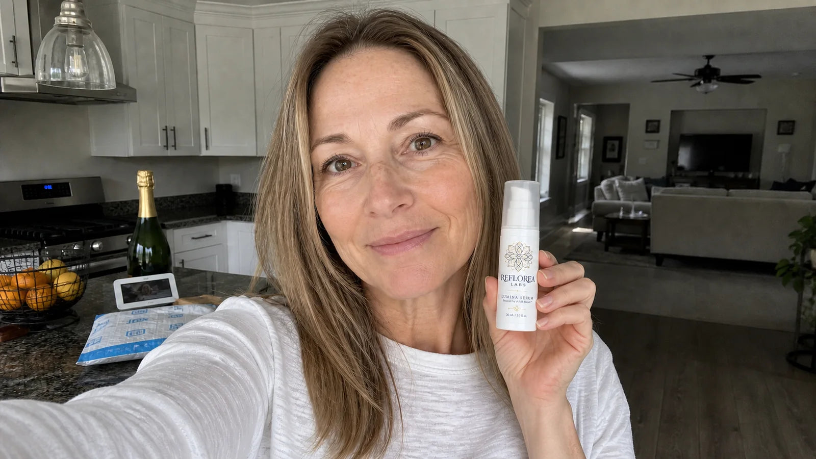 Woman holding the Lumina Serum bottle in her kitchen