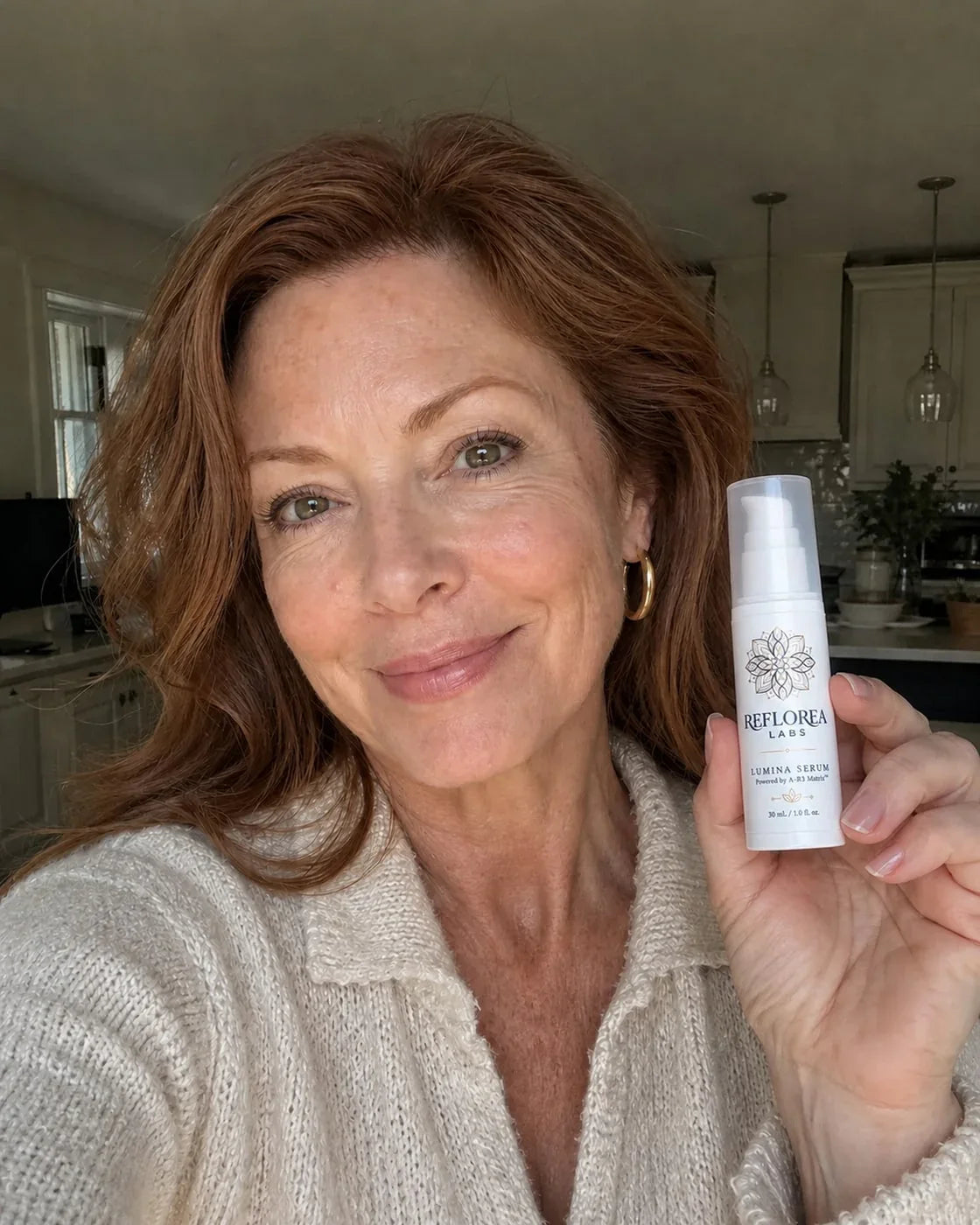 Woman holding the Lumina Serum bottle