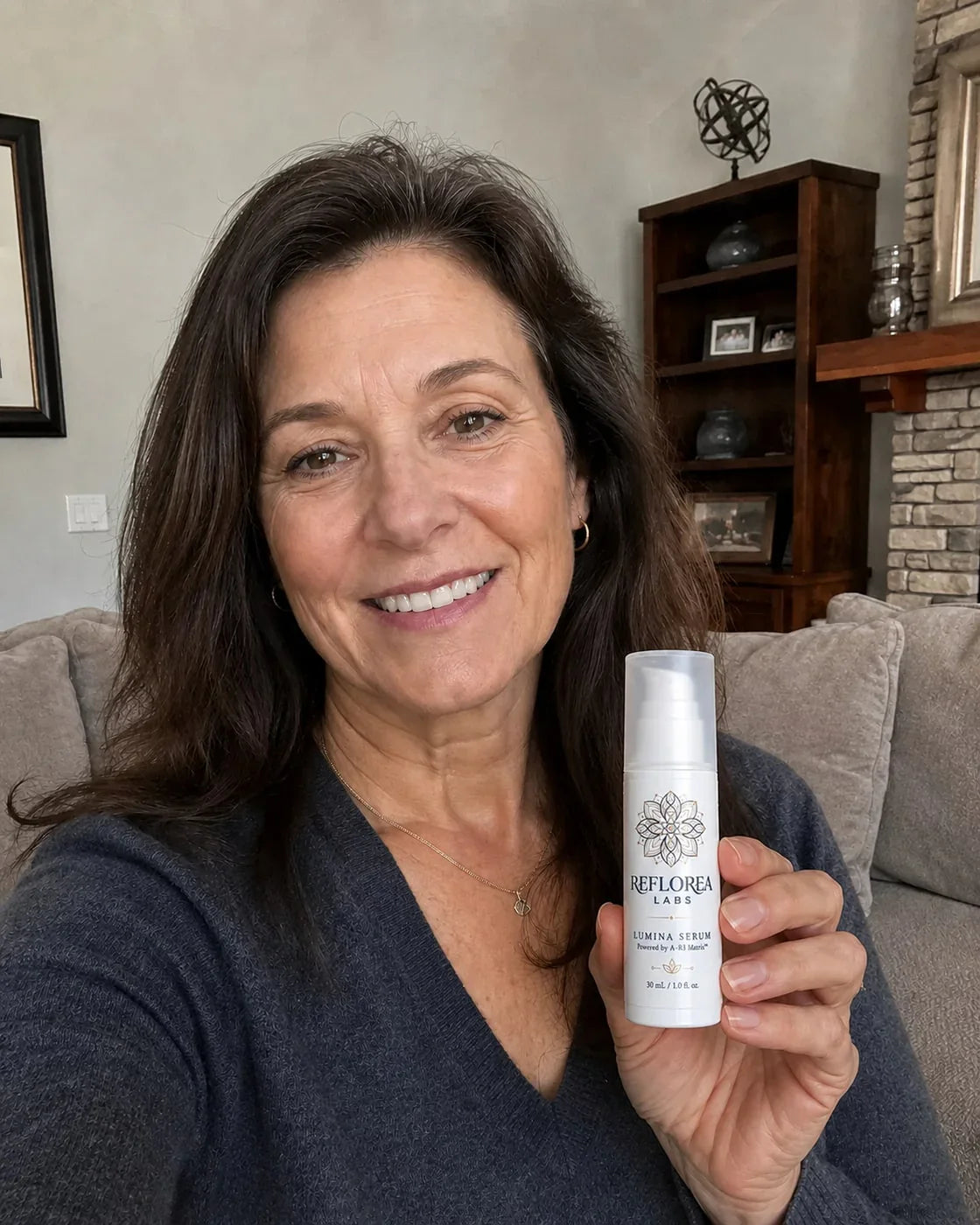 Woman holding the Lumina Serum bottle