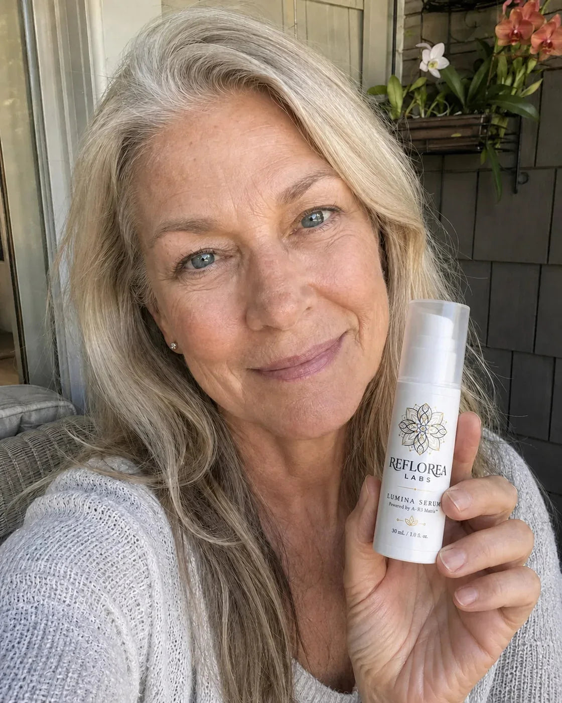 Woman holding the Lumina Serum bottle