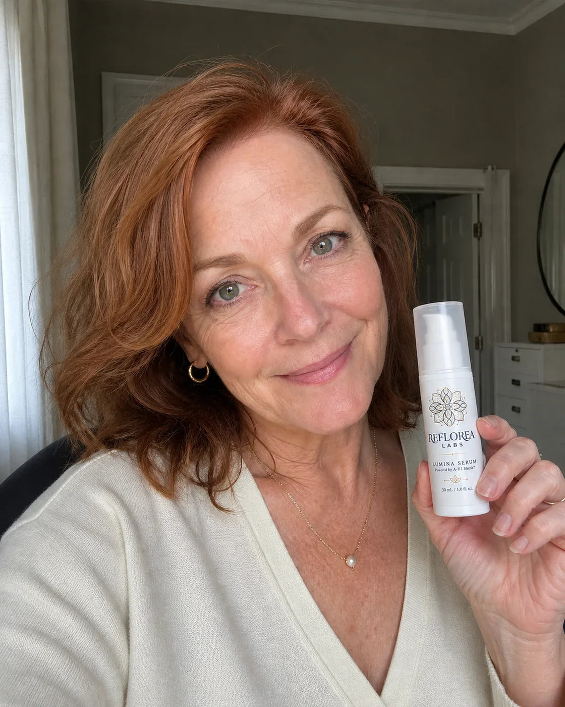 Woman holding the Lumina Serum bottle