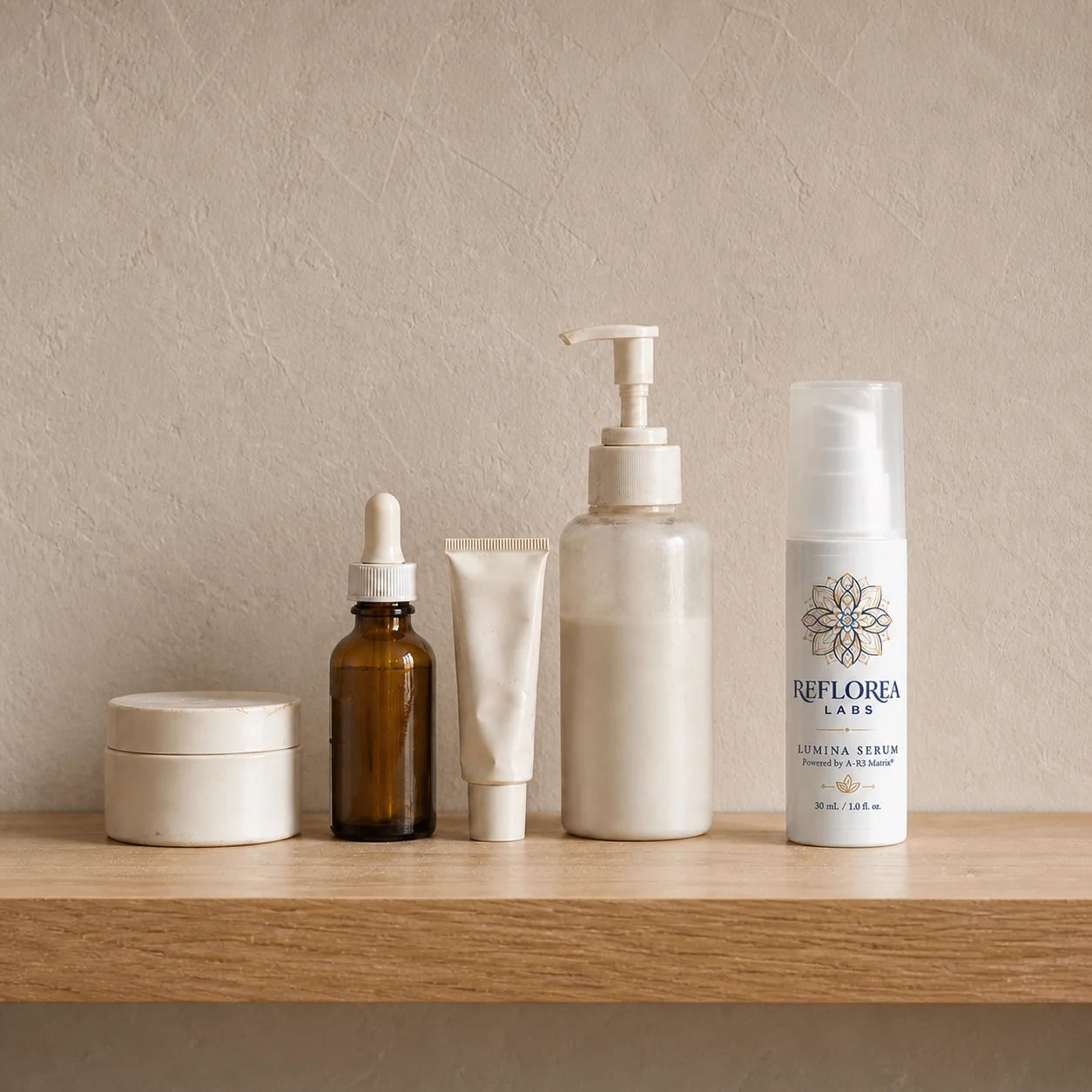 One Lumina bottle standing apart from a group of old jars and bottles on a wooden shelf